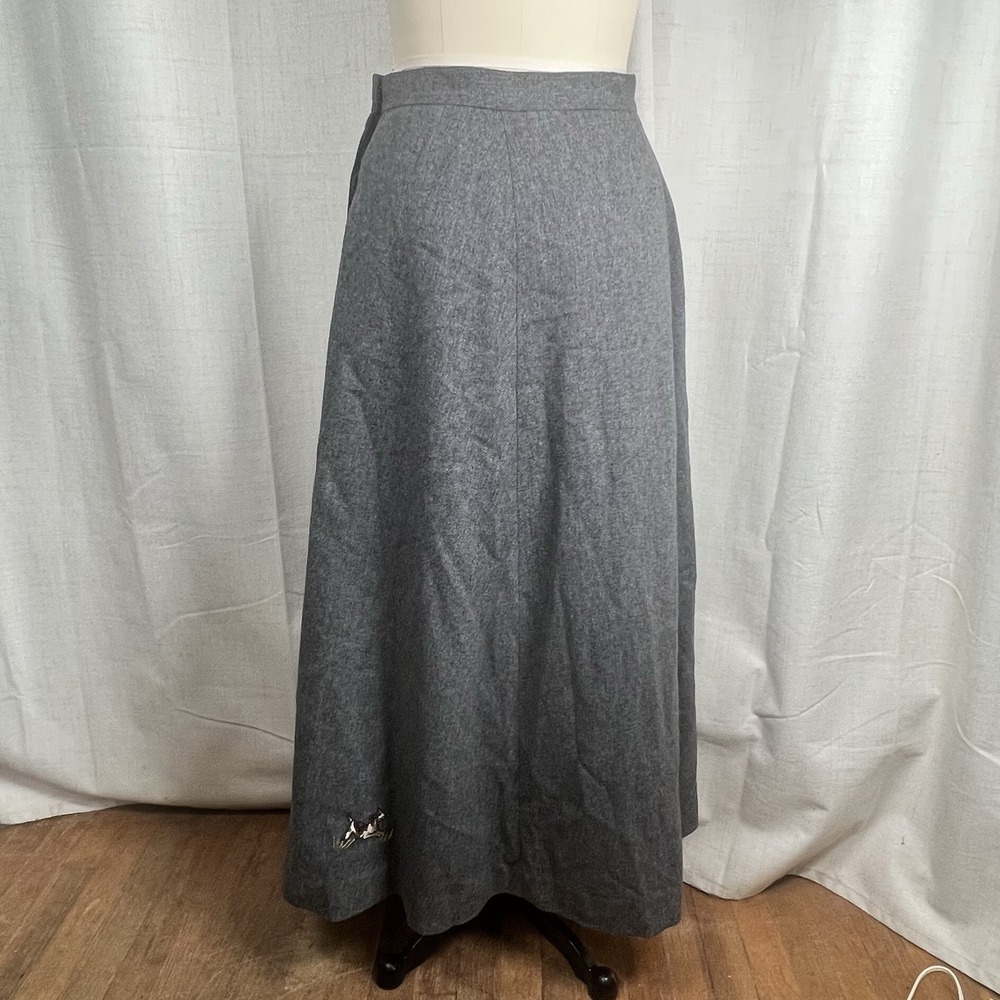 Vintage 70's Bettmaar Artwear Equestrian Fox Hunt Wool Wrap Maxi Skirt Grey 12 - Picture 9 of 13